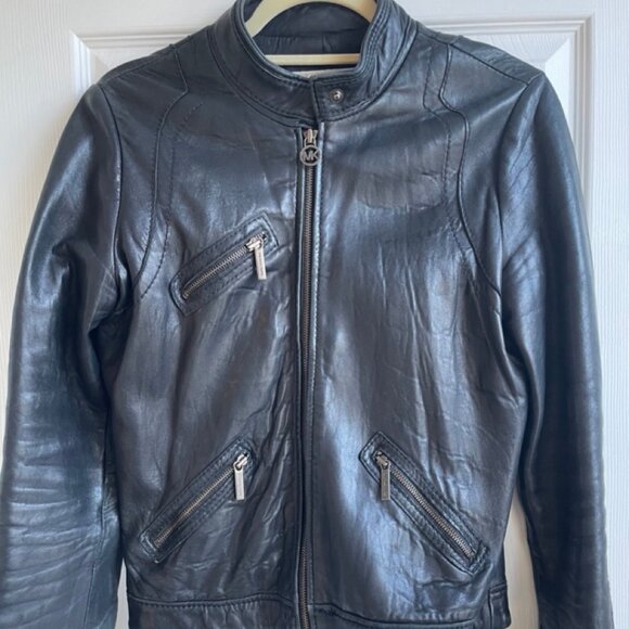 Black leather moto jacket by Michael Kors - Picture 1 of 6